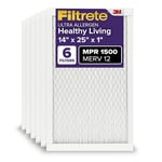 Filtrete Lot de 6 filtres à air électrostatique pour four à courant alternatif 35,1 x 63 x 2,5 cm, MERV 12, MPR 1500, certifié asthme et allergique, 3 mois plissé de 2,5 cm, taille réelle 35,1 x 63 x