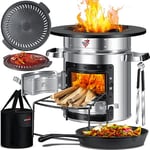 KESSER® Four Rocket Stove avec poêle à griller en fonte, plaque de barbecue, pince à barbecue et sac de transport, Fusée hollandaise BBQ fusée poêle à bois camping, réchaud de camping en plein air en