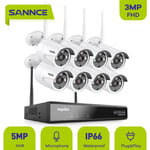 SANNCE 3MP Kit Caméra de Vidéosurveillance WiFi Extérieur Vision Nocturne avec 8 Caméras Sans Fil CCTV Système de Sécurité Vidéo