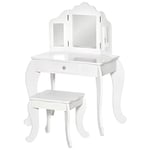 HOMCOM Coiffeuse Enfant avec Tabouret, Miroir triptyque et tiroir Coulissant - Coiffeuse dim. 63L x 40l x 85,5H cm - Blanc Acrylique