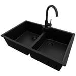 Evier Cuisine en Granit 78x50cm, Lavabo 2 bacs + Kit de Vidage + Robinet 5010 Madrid Twin de Primagran Tout Noir