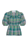 Seersucker Check Tops Blouses Short-sleeved Green Ganni