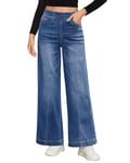 Roskiky Jean pour femme - Taille haute - Pull On Mom - Jean extensible - Taille haute - Pantalon tendance - Couture avant - Jean ample des années 90, Bleu foncé, XL