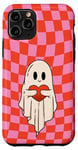 Coque pour iPhone 11 Pro Valentine Retro Ghost Hugging Heart Checkerboard Pink Red