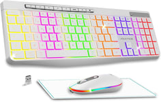 - R Type, Ensemble Clavier Souris Sans Fil Silencieux + Tapis Antidérapant, Rétroéclairé Rgb, Souris Led Optique 1600 Dpi, Kit Bureautique Rechargeable, Pour Pc, Mac & Ordinateur Portable