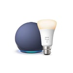 Echo Dot (5th generation) | Deep Sea Blue + Philips Hue White Smart Light Bulb LED (B22), Works with Alexa - Smart Home Starter Kit