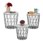 Relaxdays Table Corbeille d’appoint, Lot de 3, Panier pour Salon, métal, Aspect marbre, 3 Tailles, Design, Blanc-Noir