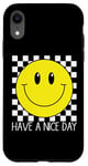 Coque pour iPhone XR Have a Nice Day, sourire rétro des années 70, visage souriant à carreaux