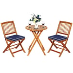 COSTWAY 3PCs Salon de Jardin Pliable en Bois d'Acacia - 1 Table, 2 Chaises, 2 Coussins Bleu Amovibles - Salon, Terrasse, Bistrot