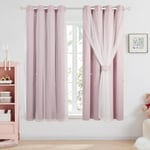 Deconovo Thermal Eyelet Blackout Curtains with Net Panel, Hollow Out Star Pattern Curtains for Kids Bedroom with Tie Backs Baby Pink 52x63 Inch 2 Panels