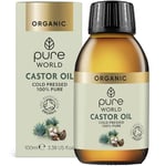 Pure World Natural Organic Castor Oil 100ml Premium Quality Cold & Fresh Press Glass Bottle Hexane Free For Hair, Skin - Ideal for Moisturizing, Conditioning, and eyelashes & Eyebrows, Food Grade