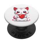 Anime Kawaii Cat Holding Red Heart Cat Lover PopSockets Swappable PopGrip