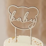 Ginger Ray Teddy Bear Baby Shower Shaped Wooden Cake Topper-16cm, Taupe