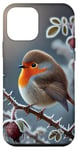 Coque pour iPhone 12 mini Rouge-gorge d'hiver perché sur une branche givrée de rosier