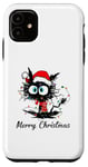 Coque pour iPhone 11 Chat noir amusant avec lumières de Noël Merry Christmas