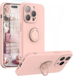 Coque Silicone Pour iPhone 14 Pro Couleur Rose Avec Anneau Support + Verre Tremp