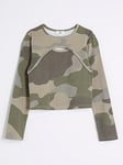 River Island OG LS 2In1 Camo Rib Top, Khaki, Size Age: 5-6 Years