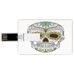 16G USB Flash Drives Credit Card Shape Sugar Skull Decor Memory Stick Bank Card Style Folk Calavera Elements Floral Day of the Dead Theme Figure Decorative,Apple Green Brown Seafoam Waterproof Pen Thu