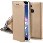 Moozy Flip Fodral för Huawei P Smart, Guld - Smal Magnetic Smart Fodral Fodral med korthållare och stativ Guld