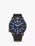 Citizen NY0158-09L Men's Promaster Diver Automatic Day Date PU Strap Watch, Black/Dark Blue