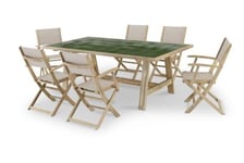 Set de repas jardin table céramique verte 205x105 + 6 chaises bois et textile beige - Bisbal