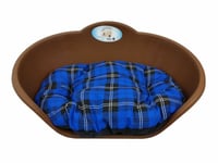 Medium Plastic Brown Pet Bed With Blue Tartan Cushion Dog Cat Sleep Basket