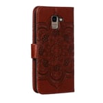 Magnetic Clip Phone Case for Samsung Galaxy J6 2018,Sun Mandala Pattern PU leather cover with full protection case with double Card Slots & Wrist Strap Cover (Brown)