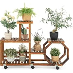 COSTWAY Support de Plante en Bois 6 Niveaux/Étagère pour Fleurs avec Roues Pivotantes à 360° et Verrouillables pour Balcon Jardin Terrasse-107x29x74CM