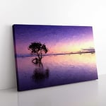 Tree Alone During A Purple Sunset In Abstract Modern Art Canvas Wall Art Print Ready to Hang, Framed Picture for Living Room Bedroom Home Office Décor, 76x50 cm (30x20 Inch)