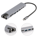 USB-C adapter til USB-A (3.0) og flere (multi) porter grå aluminium - 8 porter (2xUSB_A+C, HDMI, RJ45, SD)