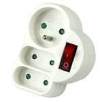 PremiumCord Adaptateur Rond pour 1x Prise Ronde et 2X Prise Plat avec Interrupteur 230V, Blanc