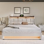 Lit coffre capitonné avec usb et led, Base de métal, Cadre en lin (180 x 200 cm, Beige, Sans Matelas)