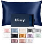 BLISSY Blissy Silk Pillowcase - 100% Pure Mulberry Silk - 22 Momme 6A High-Grade Fibers - Satin Pillow Cover for Hair & Skin - Regular, Queen & King with Hidden Zipper (Standard, Blue)