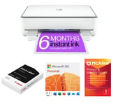 HP ENVY 6032e All-in-One Wireless Inkjet Printer & Instant Ink with HP+, 365 Personal (12 months (automatic renewal), 1 user), Privacy & Identity Guard (1 year for 1 user) & A4 Premium Black Label Paper (500 Sheets) Bundle, White,Silver/Grey