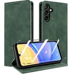 QHOHQ Tenphone Coque pour Samsung Galaxy A15 4G/5G [avec A15 Verre Trempé], [RFID Blocage], Etui Protection Housse Premium en Cuir PU, [Multifonctionnel] Magnétique Flip Case (Rétro) - Vert d'herbe