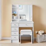 Dressing Table White Wood Makeup Desk with Mirror 5 Drawers Stool Shelf Bedroom