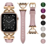 Wutwuk Compatible Leather Apple Watch Straps Women 42mm(Series 10) 41mm 40mm 38mm, D-Shape Metal Buckle Leather Wristband for Apple Watch Series SE(2)/10/9/8/7/6/5/4/3/2/1 42/41/40/38mm-Pink+Rose Gold