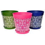 Hum Flowerpots set of 3 plastic, indoor/outdoor plant pots 25cm without drainage holes and 3 saucers (Maroc Multi)