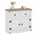 Buffet campo commode bahut vaisselier en pin massif blanc et brun avec 2 tiroirs 2 portes meuble de rangement style mexicain en bois - Blanc/Brun