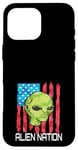 iPhone 16 Pro Max Funny Alien UFO USA Flag and Green Alien Head Case