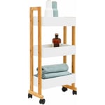 Desserte à Roulette Bambou - 38x20x80 Chariot en Bois - Cuisine Salle de Bain wc - weiss