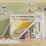 Lit superposé enfant 90x200 cm - lit mezzanine avec toboggan et escalier, lit enfant avec protection antichute et grille, pin massif - Blanc