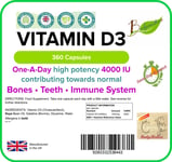 Vitamin D3 4000IU (360 Capsules) Immune System Bones and Teeth Health LINDENS UK