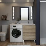 Cuisibane - Meuble lave-linge idea, plan vasque déportée + Miroir Prestige- Bois- Vasque à droite