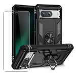 Case for Google Pixel 8a Strong Phone Cover Magnetic Ring Holder + Glass Black