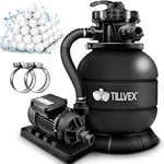 tillvex® Système de Filtre à Sable 7.900L/h + 400g Boules de Filtre | 7 Fonctions de Filtration & Adaptateur 2en1 Ø32-38mm | Filtre de piscine avec indicateur de pression (Noir)