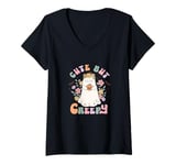 Womens Cute But Creepy, Flower Power Ghost Retro Halloween Design V-Neck T-Shirt