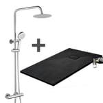 Pack Receveur de douche 80 x 100 cm extra plat noir + Colonne de douche thermostatique chromee