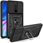 PANXIYUE Coque pour xiaomi redmi Note 8 Pro,avec Lentille Coulissante Couverture et 360°Support Rotatif de Bague magnétique Dur PC et TPU Silicone Antichoc Protection Etui Housse,Noir