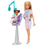 Barbie Coffret Barbie Dentiste avec poupée Blonde en Robe Bleue et Blouse Blanche, 1 poupée Enfant, mobilier médical et Accessoires, JCR74